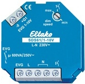 Eltako SDS61/1-10V. Produkttyp: Dimmerauslöser, Befestigungstyp: Unterputzmontiert, Produktfarbe: Blau. Energiequelle: AC, Maximale Schaltleistung: 600 W, Eingangsspannung: 230 V. Breite: 45 mm, Tiefe: 33 mm, Höhe: 45 mm (61100800)