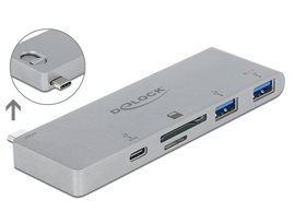 DeLock 3 Port Hub and 2 Slot Card Reader for MacBook with PD 3.0 and retractable USB Type-C Connection - Hub - 2 x USB 3,2 Gen 1 + 1 x USB-C (Spannungsversorgung) - Desktop (64078)