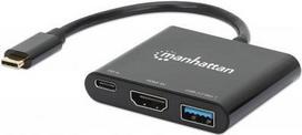MANHATTAN USB-C auf HDMI 3-in-1 Docking-Konverter mit Power Delivery USB 3.2 Typ-C-Stecker auf HDMI (4K@30Hz), USB-A (5Gbit/s) und USB-C PD (100 W) Buchsen, Multiport-Konverter mit Passthrough-Ladeanschluss, schwarz (130622)