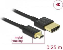 DeLOCK Slim High Quality - HDMI mit Ethernetkabel - mikro HDMI (M) bis HDMI (M) - 25cm - dreifach abgeschirmtes Twisted-Pair-Kabel - Schwarz - 4K Unterstützung (85119)