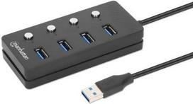 MANHATTAN 4-Port USB 3.0 Typ-A Hub USB-A-Stecker auf vier USB-A-Buchsen, 5Gbit/s SuperSpeed USB (USB 3.2 Gen 1), 1,5 m Kabel, An/Aus-Schalter für jeden Port, Stromversorgung über USB oder Netzteil, schwarz (180887)