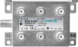 Axing BAB 6-02P. Typ: Kabelsplitter, Frequenzbereich: 5 - 1218 MHz, Produktfarbe: Grau. Stecker: F. Breite: 93 mm, Tiefe: 39 mm, Höhe: 54 mm (BAB 6-02P)