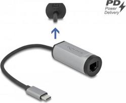 Adapter USB-C > Gigabit Lan RJ45 (ST-BU) Power Delivery bis zu 1000Mbps Kabellänge 15cm DeLOCK Black Grey