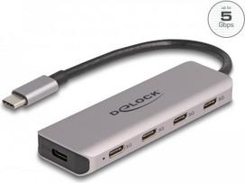 DeLOCK USB 5Gbps 4 Port USB Type-C™ Hub mit USB Type-C™ Anschluss - USB 3.2 Gen 1 (3.1 Gen 1) Type-C - USB 3.2 Gen 1 (3.1 Gen 1) Type-C - 5000Mbit/s - Grau - Metall - Rundkabel (64238)