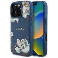 Guess grūdintas gėlių rašto MagSafe dėklas iPhone 16 Pro mėlynas