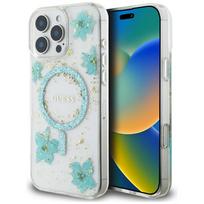 Guess dervos gėlės blizgučiai MagSafe iPhone 16 Pro dėklas - skaidrus žalias