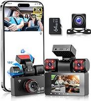 2K Dash Cam automobilio priekinis galinis su WiFi, 4 x Dash Cam 1080P automobilio kamera su 3 colių IPS ekranu, 24H parkavimo stebėjimas, naktinis matymas, G jutiklis, 360 laipsnių apsauga, su 64G SD kortele