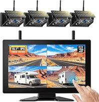 4 Magnetisch Solar Touchscreen Rückfahrkamera Kabellos, HD1080P, 9'' Loop Aufnahmemonitor, kabelloses Quad RV Rückfahrkamera System für Anhänger, Wohnmobile, LKWs, eingebauter 9600 mAh Solar Akku