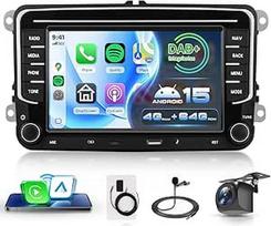 DAB/DAB+ 4G + 64G automobilinis radijas "Android 15", skirtas "VW Golf 5 6 Passat Jetta Caddy EOS T5 Tiguan Touran CC Polo, 7 colių HD jutiklinis ekranas su "Carplay" ir "Android", GPS, "Android", "Wi-Fi", C tipo USB, "Bluetooth", FM, RDS
