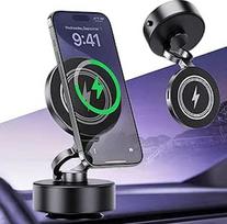 MagAxis Charge magnetinis automobilinis laikiklis su siurbtuku ir belaidžiu įkrovimu, suderinamas su "MagSafe", "iPhone 12-17 Pro/MAX" ir "Android", 540 laipsnių reguliavimas priekiniam stiklui - juodas