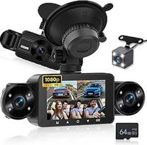 NHOPEEW 4 kanalų "Dash Cam" 3 colių IPS jutiklinis ekranas priekyje ir gale su 8 IR naktinio matymo žibintais, įrašymas kilpa, 24 valandų įrašymas, G jutiklis, pagalba važiuojant atbuline eiga + 64G atminties kortelė