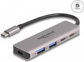 DeLOCK USB 5Gbps 2 Port USB Type-C™ und 2 Port Typ-A Hub mit USB Type-C™ Anschluss - USB 3.2 Gen 1 (3.1 Gen 1) Type-C - USB 3.2 Gen 1 (3.1 Gen 1) Type-A - USB 3.2 Gen 1 (3.1 Gen 1) Type-C - 5000Mbit/s - Grau - Metall - Rundkabel (64239)