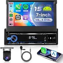 4G + 64G "Android 15" automobilinis radijas 1 DIN su belaidžiu "Carplay" "Android" automobiliu, 7 colių HD rankiniu būdu sulankstomas jutiklinis ekranas su "Bluetooth" FM RDS GPS GPS "Wi-Fi" nuoroda Veidrodinis USB atbulinės eigos kamera