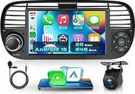Automobilinis radijas 2G + 64G Android 15, skirtas Fiat 500 2007-2015, 7 colių IPS HD 2.5D jutiklinis ekranas, automobilinis radijas su belaidžiu Carplay, Android, GPS, Wi-Fi, USB, Bluetooth, FM, RDS radijas, atbulinės eigos kamera