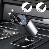 Ištraukiamas automobilinis įkroviklis Cigarečių žiebtuvėlio adapteris USB ir 2 C tipo kabeliai 60W su voltmetro LED diodu, suderinamas su "iPhone Galaxy Huawei", skirtas 12V-24V automobiliui "Motorhome Boat