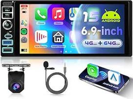4G + 64G "Android 15" automobilinis radijas 1 DIN su belaidžiu "Carplay" "Android" automobiliu, 6,9 colių HD IPS jutiklinis ekranas Automobilinis radijas Palaiko "Bluetooth 5.0" FM RDS radiją GPS "Wi-Fi" veidrodinį ryšį USB / C tipo kamera