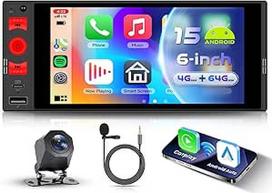 4G + 64G automobilinis radijas 1 DIN "Android 15" su belaidžiu "Carplay" "Android" automobiliu, 6 colių HD IPS jutiklinis ekranas Automobilinis radijas Palaiko "Bluetooth" FM RDS radiją GPS "Wi-Fi" veidrodinį ryšį USB / Type-C kamera