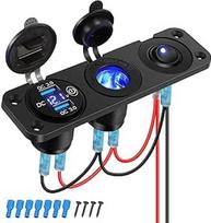 Dvigubas QC3.0 USB A PD C tipo automobilinis įkroviklis su LED voltmetru, cigarečių žiebtuvėlio lizdu, perjungikliu - greitasis įkrovimas 12V/24V automobiliui, sunkvežimiui, jūriniam transportui, valčiai, RV, ATV