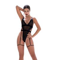 Leg Avenue Dreamgirl Bodysuit M/L Black - Mesh & Faux Leather Design, Adjustable Fit