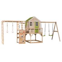 Vaikų medinė žaidimų aikštelė, žaidimų namelis su sūpynėmis, Wendi Toys M27L-G, žalias, 197 x 563 x 242 cm