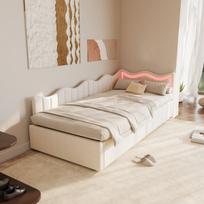 Hidraulinė sofa-lova vaikiška lova su LED apšvietimu ir banguotu galvūgaliu, 90x200 cm, baltas meškiuko aksomas, be čiužinio