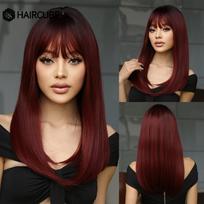 HAIRCUBE Tiesūs vyno raudoni sintetiniai perukai moterims ilgų natūralių plaukų perukas su kirpčiukais Cosplay Helovino karščiui atsparūs netikri plaukai
