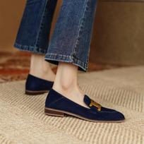 Women Retro Metal Buckle Loafer 2026 French British Style Fashion Elegant Square Toe Chunky Heels Pumps Party Flat Casual Shoes 35 tamsiai mėlyna spalva