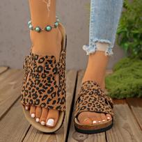 Moteriškos plačios odinės Birkenstock šlepetės su leopardo raštu, romėniško stiliaus lauko šlepetės, europietiški vasariniai moteriški šlepetukai 35 juoda