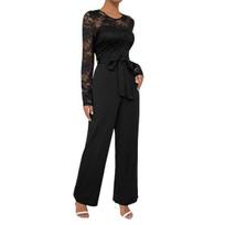 Women's Long Sleeve Lace Formal Jumpsuit High Waisted Wide Leg Pants Romper with Belt Summer One Piece Overalls Outfit S vyno raudonos spalvos