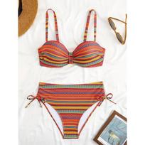 Spausdinti Bikini Rinkinukai Kaklaraištis Šone Išpjova Aukštas Juosmuo Aukštas Kirpimas Dviejų Dalių Maudymosi Kostiumas Moteriški Atviras Nugara Maudymosi Kostiumai S