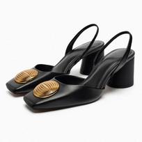 Sandalai Moteriški Aukštakulniai Metalinė Apdaila Madingi Kvadratinė Nosies Stori Kulniukai Proginiai Batai Elegantiški Aukštakulniai Moteriškos Mules 35 black