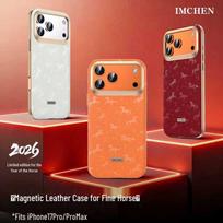 IM-CHEN iPhone 17 Pro Žirgo Metų Paauksuotos Odos Magnetinis Telefono Dėklas