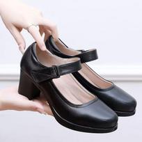 Moteriški didelio dydžio odiniai darbo batai su kvadratiniu kulnu Pavasaris Ruduo Nauji Storas padadas Apvalus pirštas Seklus Velcro Aukštas kulnas Cheongsam batai 33 juoda