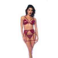 Mapale Leg Avenue Three-Piece Lingerie Set XL Glossy Wine Red Vinyl Finish
