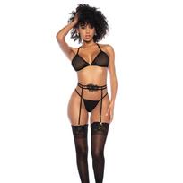 Mapale Leg Avenue L/XL Black Sheer Mesh Three-Piece Set with Embroidered Details