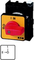 On-Off switch, P1, 32A, flush mounting, 3P, with red thumb grip and yellow front plate, P1-32/E-RT 003197 | 4015080031970