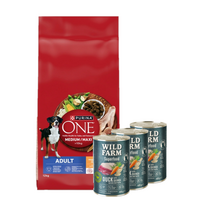 PURINA ONE Adult Medium/Maxi Maistas suaugusiems šunims, turtingas vištiena ir ryžiais, 12 kg + Wild Farm Superfood Duck 3x400 g pašaro šunims be grūdų