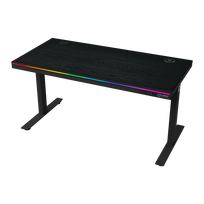 Dual-motor sit/stand adjustable-height gaming desk with wireless charger, RGB lighting, control panel, and USB ports, PB melamine surface tabletop, black.