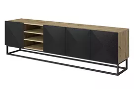 TV staliukas Asha 200 cm, su atvira lentyna, metalinėmis kojelėmis Artisan juoda matinė