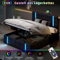 Dvigulė lova su USB ir LED apšvietimu, daug vietos daiktams susidėti, 160x200 cm, be čiužinio, juoda PU medžiaga