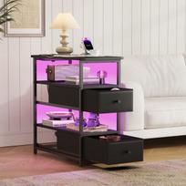 Naktinis staliukas - USB ir LED - Dvigubi stalčiai - Šoninis staliukas su lentyna - Juodas