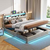 Minkšta lova su LED apšvietimu ir 2 USB įkrovimo prievadais, lovos rėmas su grotelėmis, 140x200 cm, pilkas aksomas, be čiužinio