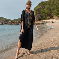 Siuvinėjimas Kaftan Beach Tunika Medvilnė Paplūdimys Cover up Saida de Praia Moteriškas maudymosi kostiumėlis Bikini padengtas One Size juoda