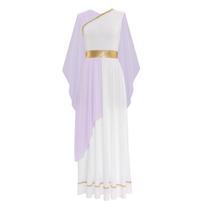 Womens Halloween Greek Beauty Cosplay Costume Chiffon Cap Sleeve Gold Trims Ancient Toga Roman Dress S šviesiai mėlyna spalva