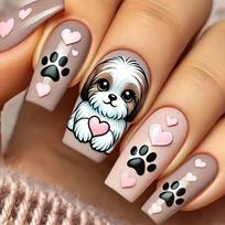 Hot-selling nail art cartoon puppy love pattern medium and long European square wearing nail patch Free jelly glue + rubbing strips