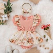 Vasarinė mergaitės suknelė su Bowknot dryžuotu kombinezonu, medvilninė suknelė naujagimiui Gėlėti drabužėliai Kūdikių ropojantys drabužėliai 80cm rožinė