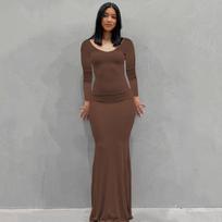 Kardashian skims Europos ir Amerikos moteriška suknelė ilga suknelė laisvalaikio prigludusio kirpimo ilgomis rankovėmis namų suknelė XS ruda