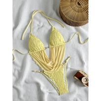 Sexy Yellow Micro Bikini Women Hollow Out Mesh Ruffles Push Up Bra Thong Swimsuit Bathing Suit Holiday Swimwear Biquini S geltona