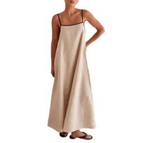 Women Robe Dress Sleeveless Solid Backless Low-cut Square Neck Spaghetti Strap Lace-up Loose Color A-line L chaki
