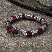 Norse Vikings Axes Wrap Bracelets Men Mjolnir Hammer Paracord Survival Rope Wristband Handmade Jewelry Gifts for Men 19cm raudona
